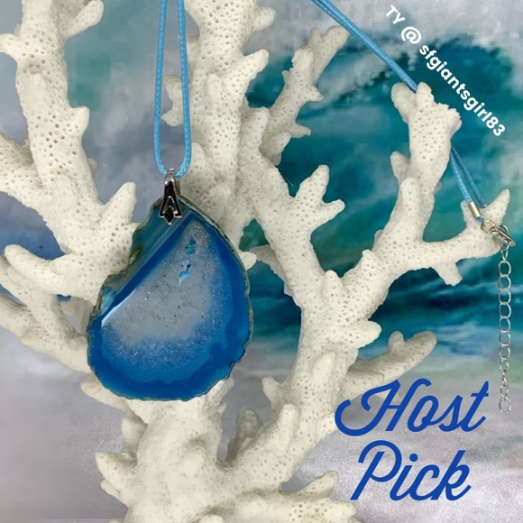 Blue Druzy Geode Agate Slice Pendant Necklace on Waxed Cotton Cord - Handmade - Picture 8 of 12